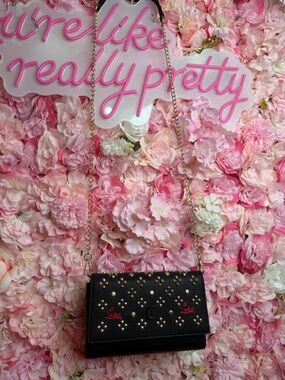 Studded Black Pebbled Leather Chain Crossbody Bag